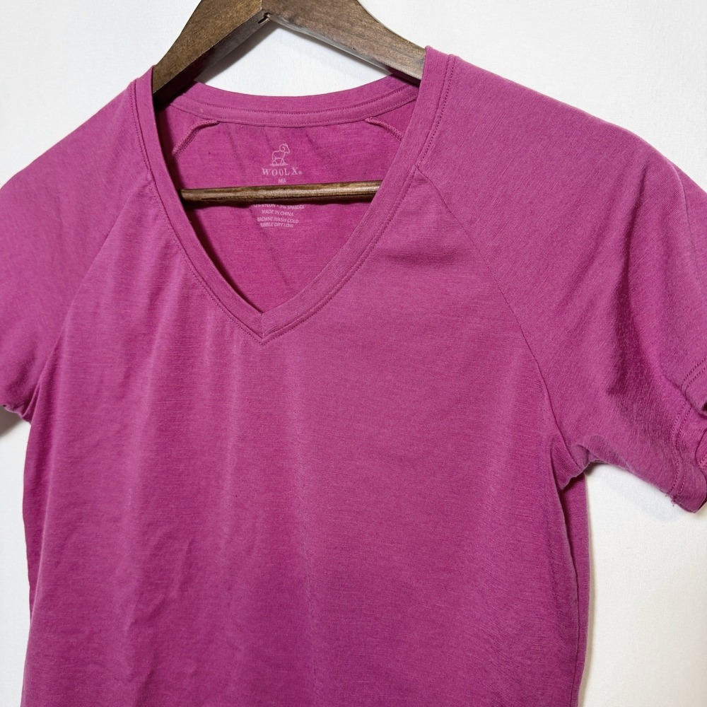 Woolx Mia Merino Wool V-Neck Tee Berry Pink Raglan Short Sleeve Small